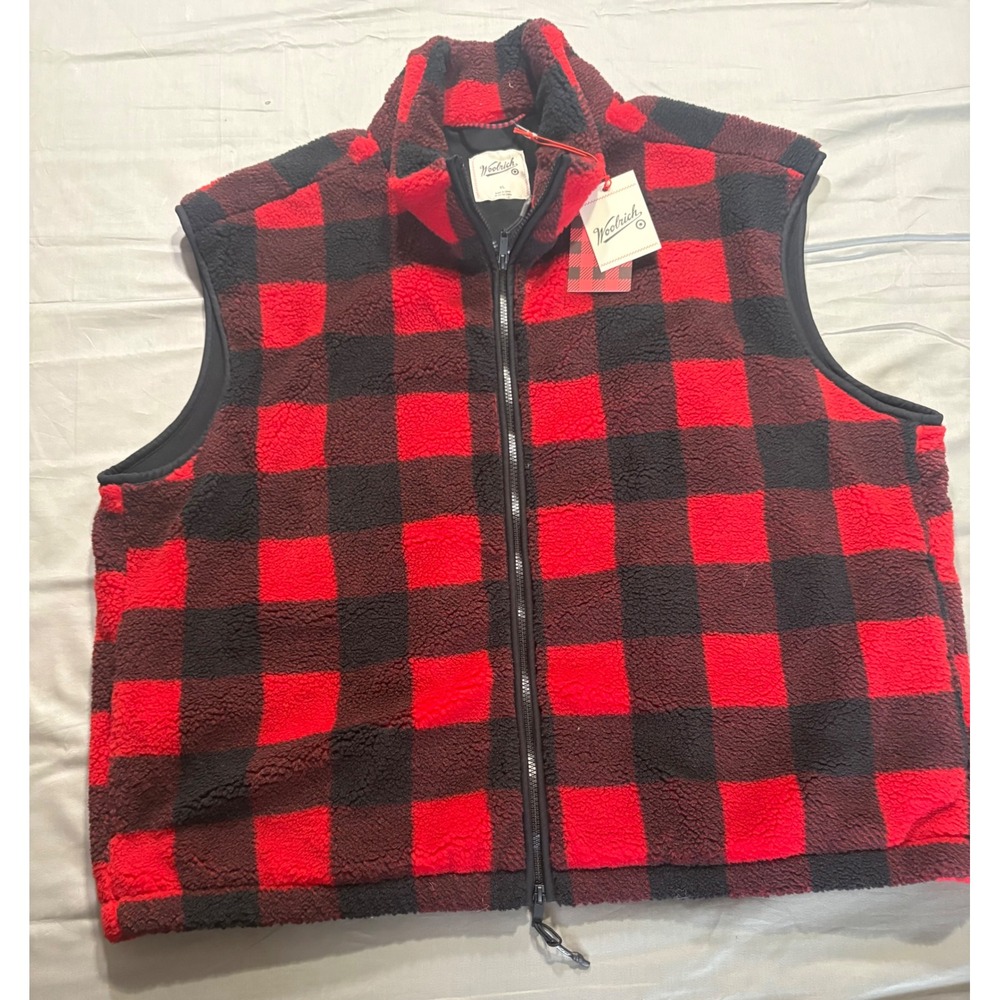 Woolrich x Target Mens Red Black Buffalo Plaid Faux Shearling Fleece Vest XL NWT